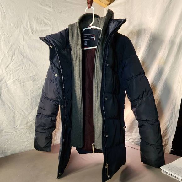 Tommy Hilfiger Womens Black Grey Long Sleeve Hooded Puffer Jacket Sz M TW9MP165 - Picture 1 of 8